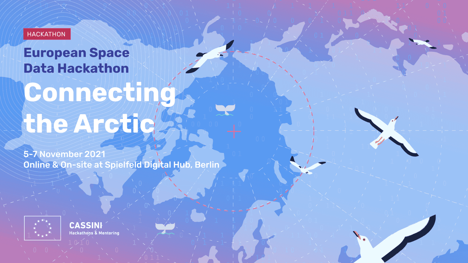 Das Bild zeigt eine geografisch gestaltete Weltkarte mit der Arktis im Zentrum - mit Piktogrammen von Vögeln, die darüber fliegen. Neben den visuellen Elementen ist der folgende Text auf dem Bild platziert: Hackathon, Europäischer Weltraumdaten-Hackathon. Connecting the Arctic. 5-7 Nov. 2021. Online & im Spielfeld Digital Hub, Berlin.
