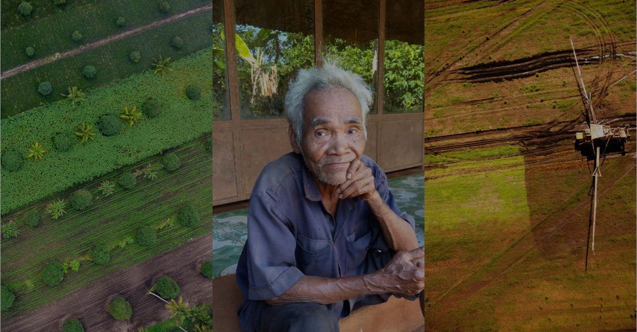 Porträt einer alten Person zwischen zwei landwirtschaftlichen Arialaufnahmen