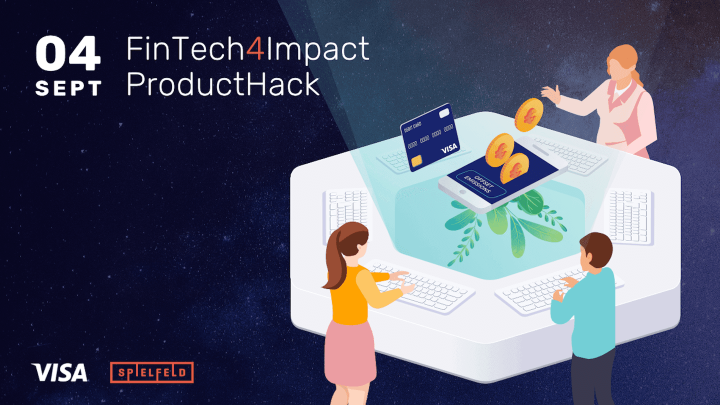 On the FinTech for Impact Challenge key visual you can see three people working and hacking on a sustainable fintech solution towards reaching the 17 UN SDG's.