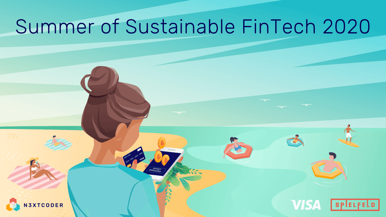 On the key visual you find a women looking for the most innovative FinTech solution . The beach in the background stands for the summer of sustainable FinTech Meetups which are held remotely on the Nextcoder Website. Thus, you can  basically participate from anywhere where you have a internet connection.