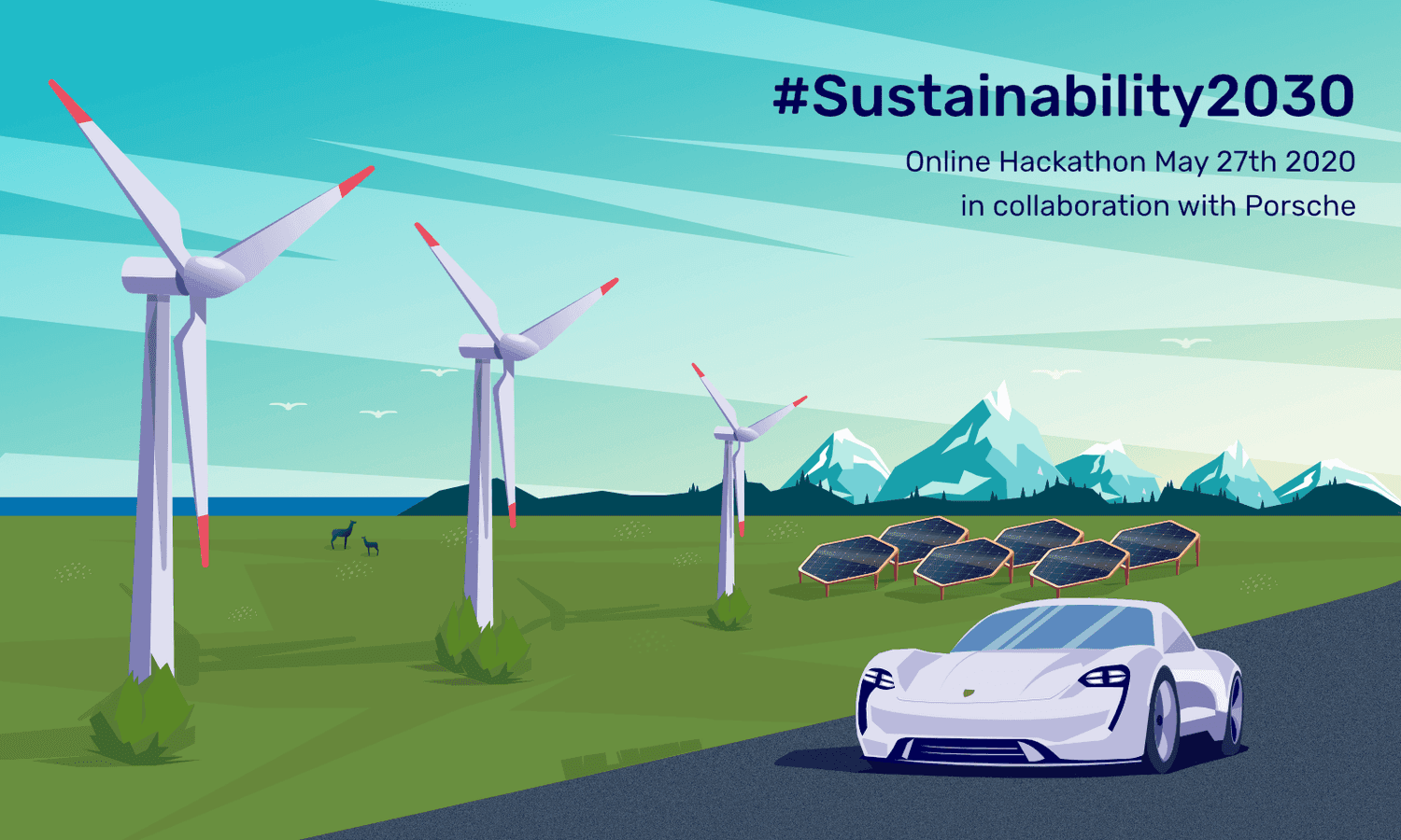 Illustration with wind turbines, mountains, nature and Porsche Taycan 